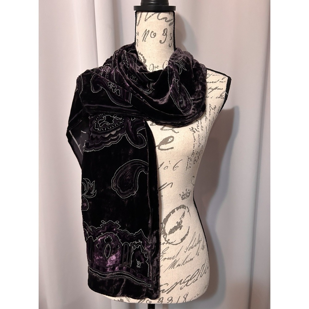 Nina Ricci Silk Purple Velvet Paisley Embellished Shawl Scarf Beaded Burnout - Picture 2 of 6
